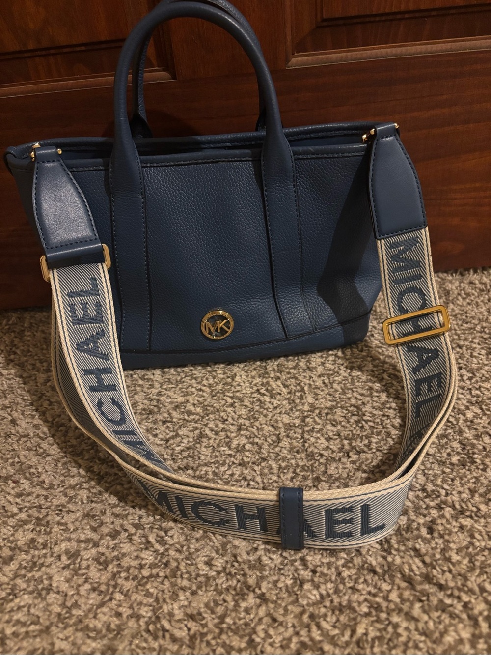 Michael Kors Blue Pebbled Leather Tote with Branded Strap